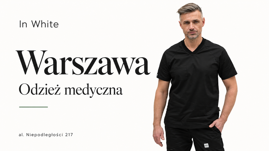 In White Warszawa – projekt graficzny ze zdjęciem modela w czarnym komplecie medycznym; ilustracja oferty